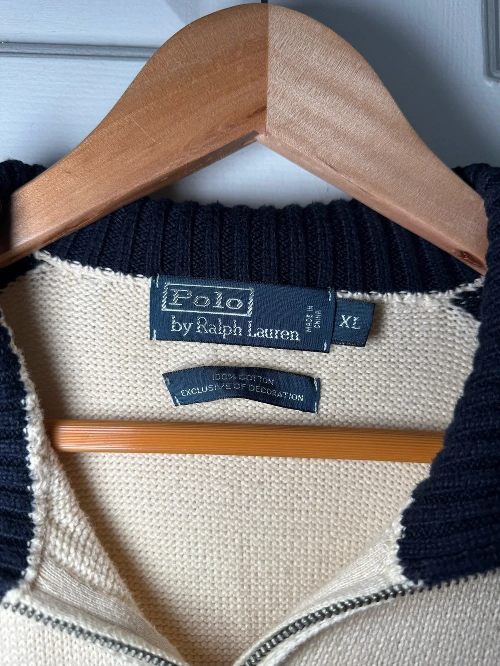 Vintage Y2K Polo Ralph Lauren Quarter Zip Sweater XL Cream Navy Stripe